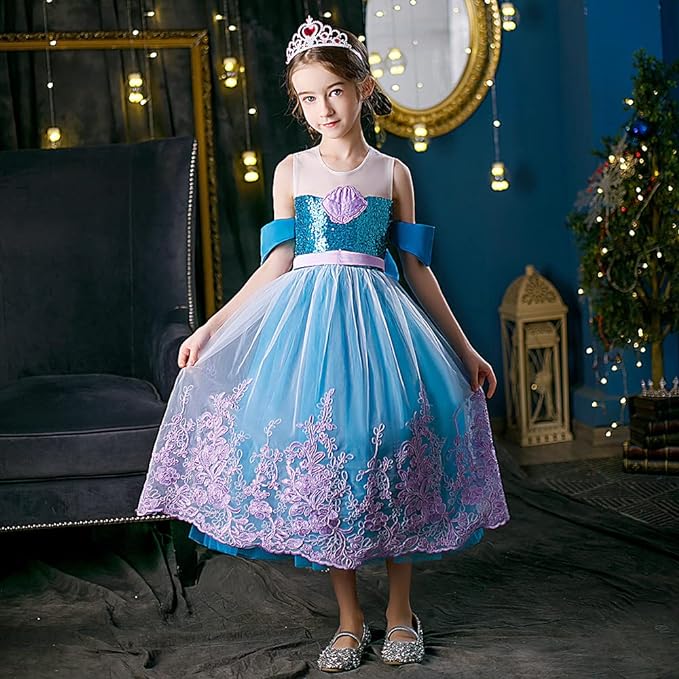 Rochita Sirena de Printesa pentru fete, Set cu Coronita si Accesorii, Tesatura fina, 4-5 ani, 120 cm, Verde smarald/ Mov