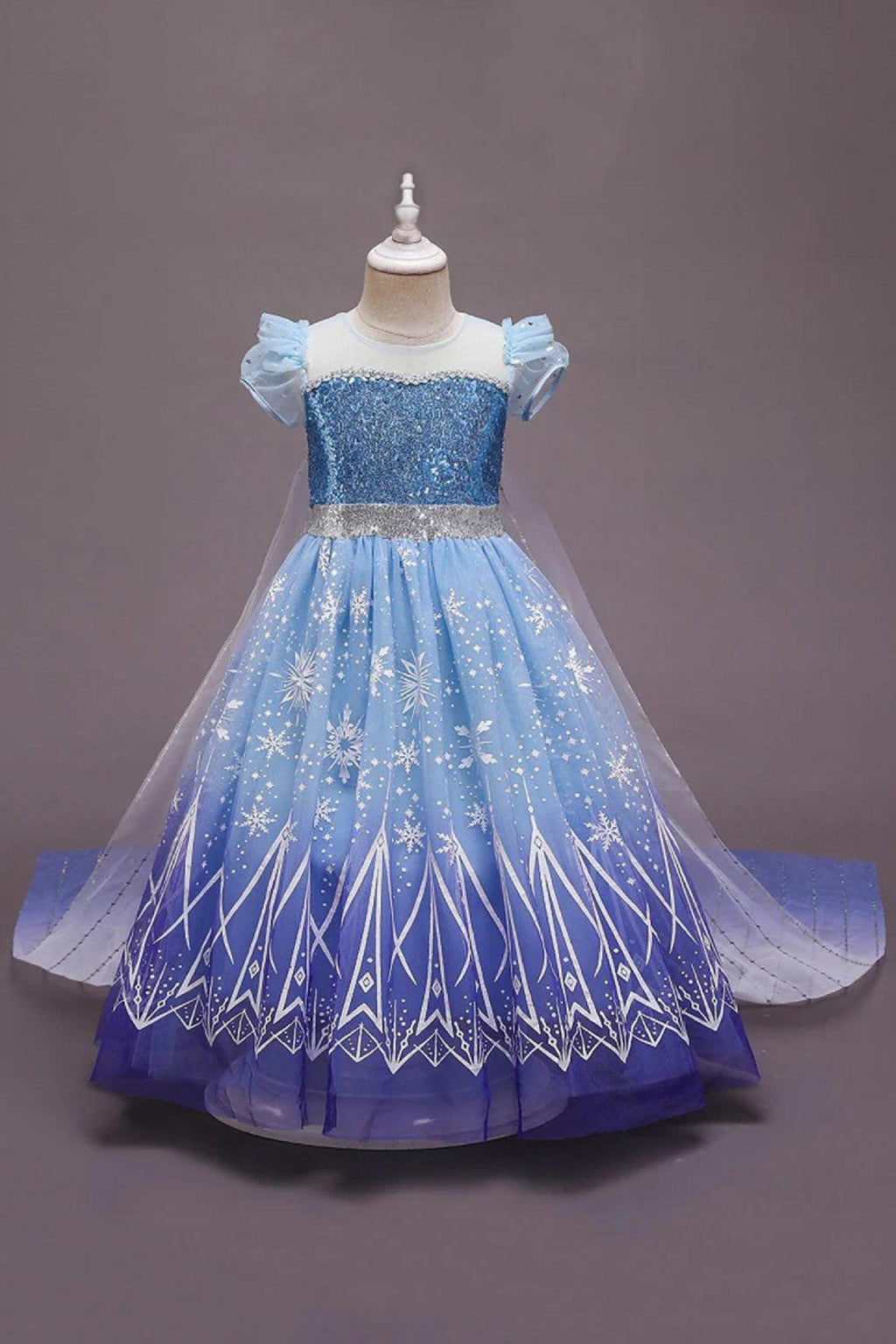 Rochie Elsa Frozen 2 pentru Copii, Set cu Peruca, Bijuterii si Accesorii, EvrikaUnity®, Regina Ghetii, Tesatura Premium, 6-7 ani, 140 cm, Albastru/ Mov/ Alb