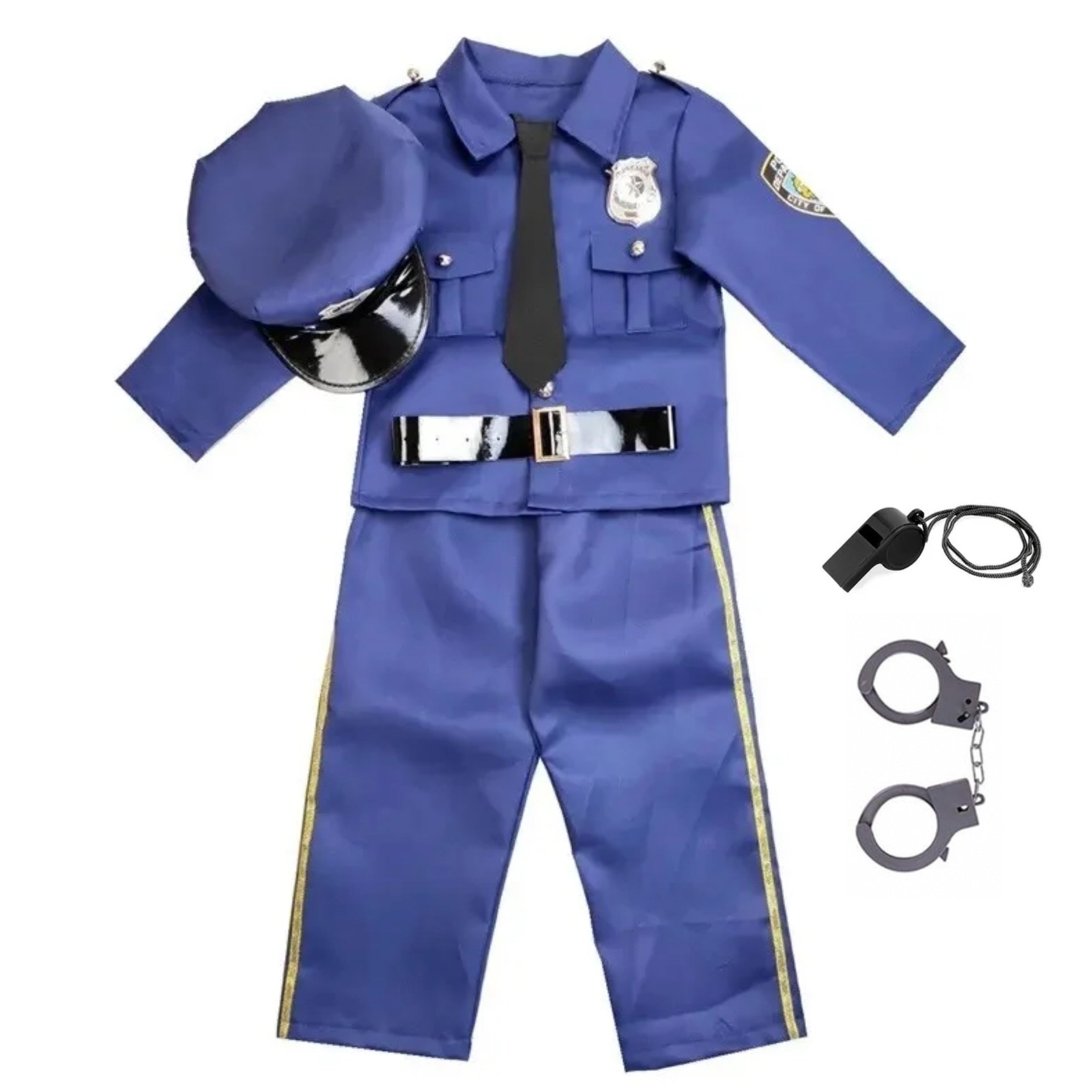Costum de Politist pentru Baieti, Set cu Sapca, Fluier si Catuse, EvrikaUnity®, Tesatura Premium, 130 cm, 5-6 ani, Bleumarin