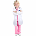 Costum de Doctor pentru Copii, Set cu Stetoscop de jucarie si Legitimatie, Tesatura fina, 3-4 ani, 110 cm, Alb/ Roz