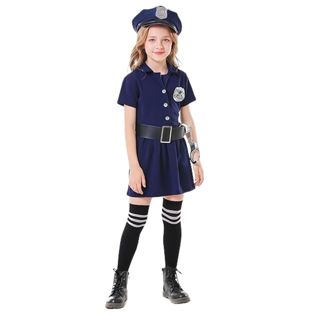 Costum de Politist Fata, Set cu Sapca, Fluier si Catuse, EvrikaUnity®, 6-7 ani, 140 cm, Bleumarin