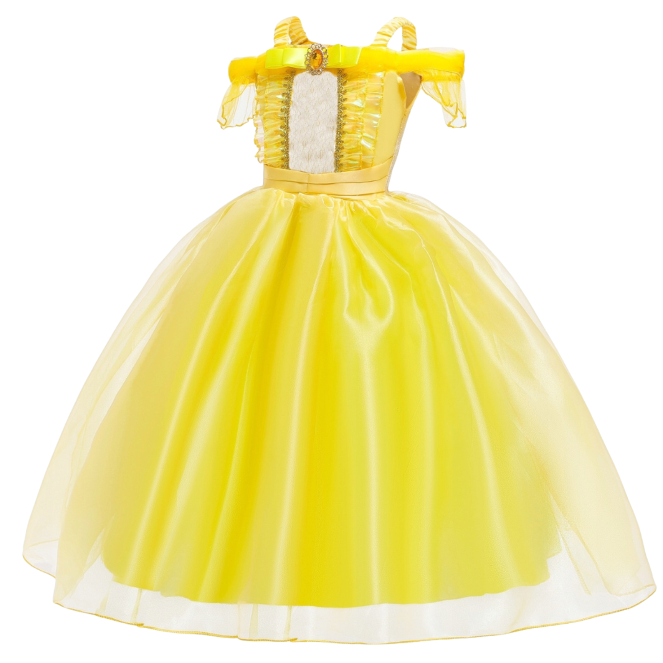 Rochie Printesa Belle pentru Copii, Set cu Coronita, Bijuterii si Accesorii, EvrikaUnity®, 6-7 ani, 140 cm, Galben