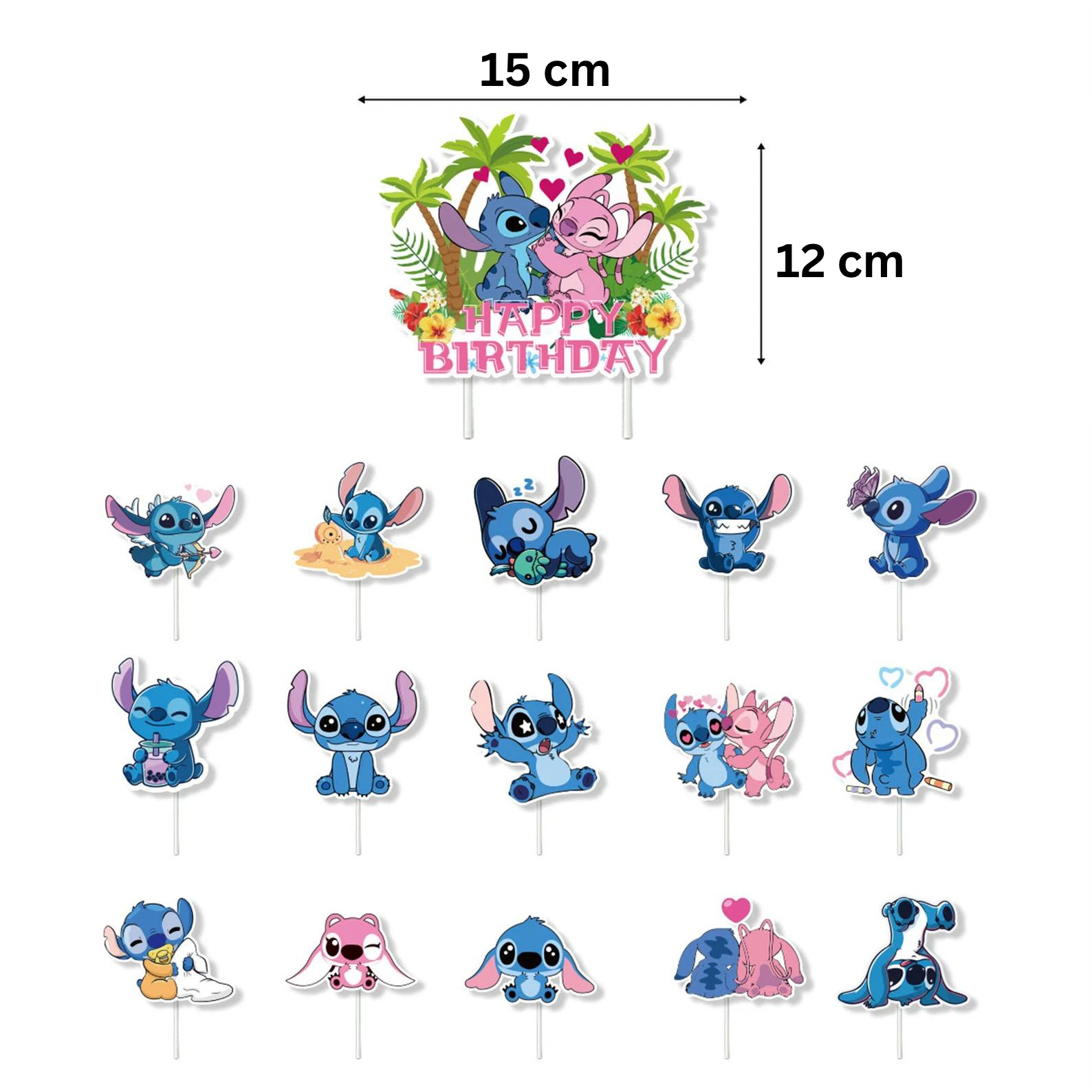 Set 18 baloane copii, Lilo si Stitch, Petrecere Aniversara, Latex, 1 Banner Happy Birthday, 15 Cupcake Topper, 1 Cake Topper, Alb/ Albastru/ Roz