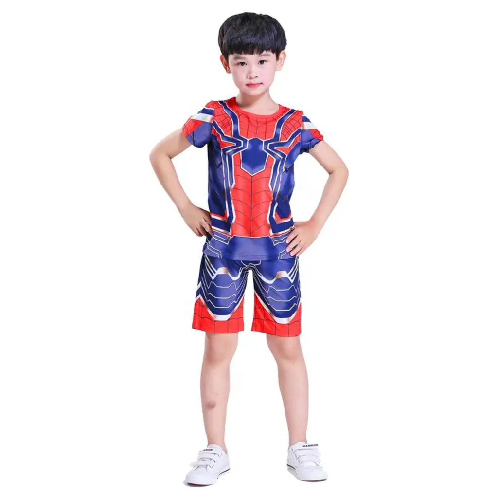 Costum Spiderman pentru Copii, Set Tricou si Pantaloni scurti, 120 cm, 4-5 ani, Rosu/ Albastru