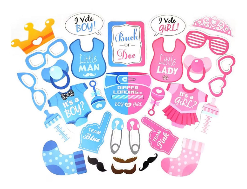 Set 79 de accesorii pentru Gender Reveal cu 39 de Baloane, Picioruse, EvrikaUnity®, Petrecere dezvaluire de gen copil, Latex, 30 photo props, Roz/ Albastru
