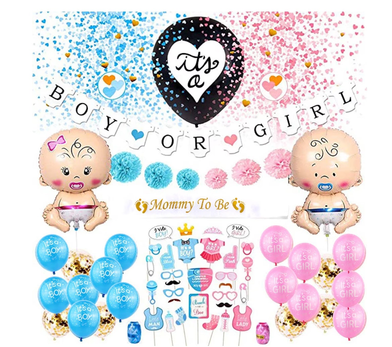 Set 79 de accesorii pentru Gender Reveal cu 39 de Baloane, Bebelusi, EvrikaUnity®, Petrecere dezvaluire de gen copil, Latex, 30 photo props, Multicolor