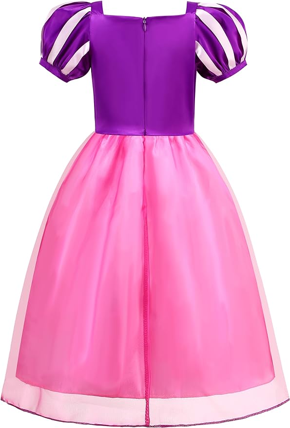 Rochie Printesa Rapunzel pentru copii, Set Bentita cu coada impletita, Coronita si Accesorii, EvrikaUnity®, Tesatura Premium, 4-5 ani, 120 cm, Roz/ Mov