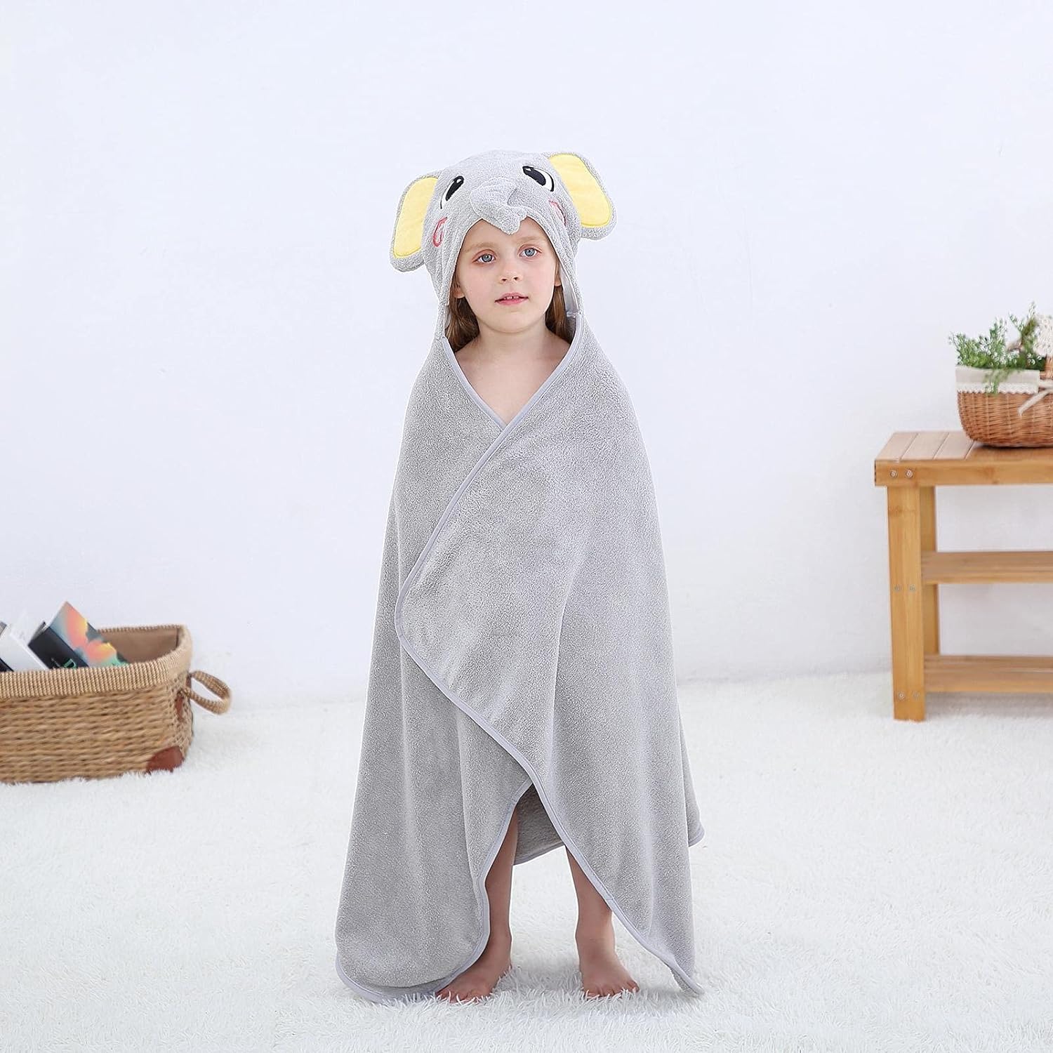 Prosop de Baie cu Gluga pentru Copii, Model Elefant, Super Absorbant, Moale si Pufos, 120x70 cm, Gri