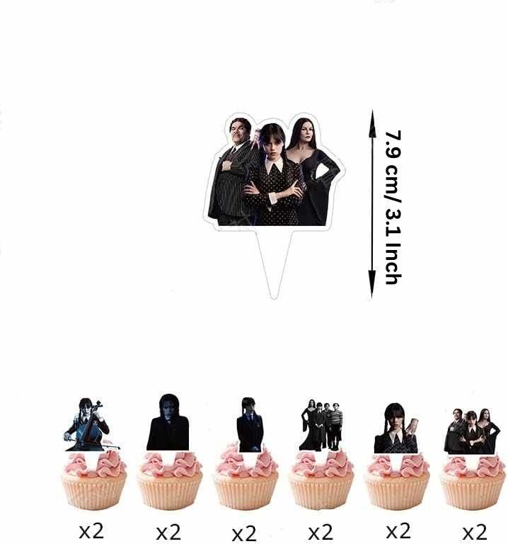 Set 18 baloane copii, Wednesday Addams, Petrecere Aniversara, EvrikaUnity®, Latex, 1 Banner Happy Birthday, 12 Cupcake Topper, 1 Cake Topper, Mov / Roz / Albastru