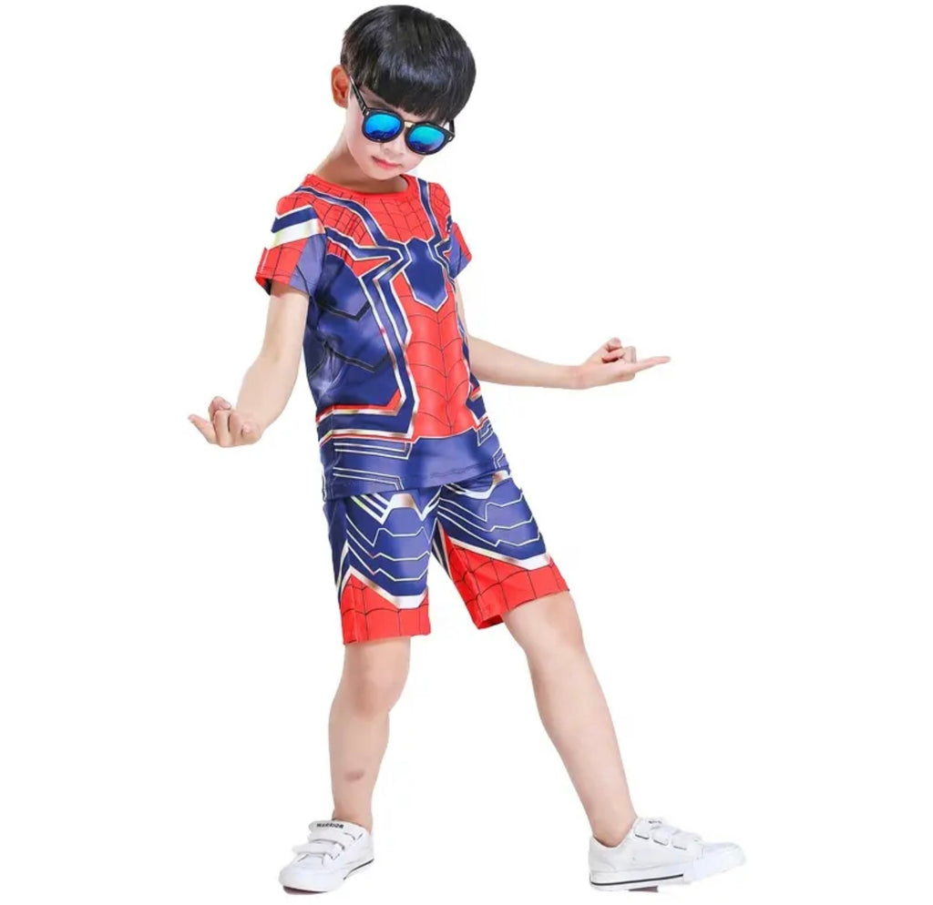 Costum Spiderman pentru Copii, Set Tricou si Pantaloni scurti, 130 cm, 5-6 ani, Rosu/ Albastru