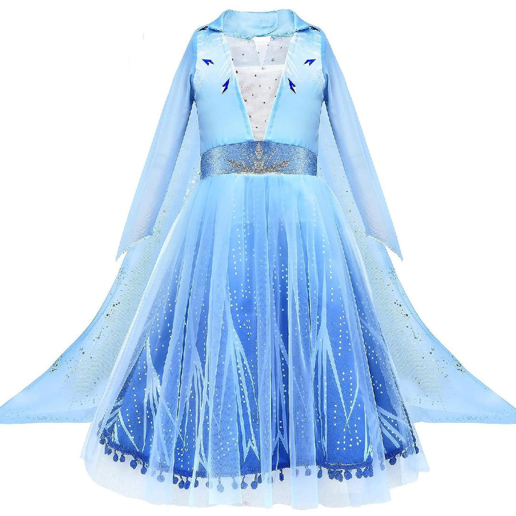 Rochie Elsa Frozen 2 pentru copii, EvrikaUnity®, Regina Ghetii, Tesatura Premium, 6-7 ani, 140 cm, Albastru Imperial