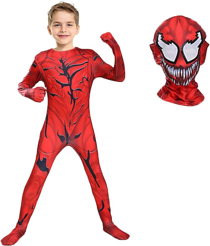 Costum Venom pentru Copii, Set cu masca, Supererou, EvrikaUnity®, Premium Lycra 3D®, 3-4 ani, 110cm, Rosu