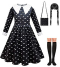 Rochie Wednesday pentru Fete, Set cu Peruca, Geanta si Sosete, EvrikaUnity®, Tesatura premium, 6-7 ani, 140 cm, Negru/Alb