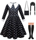 Rochie Wednesday pentru Fete, Set cu Peruca, Geanta si Sosete, EvrikaUnity®, Tesatura premium, 6-7 ani, 140 cm, Negru/Alb