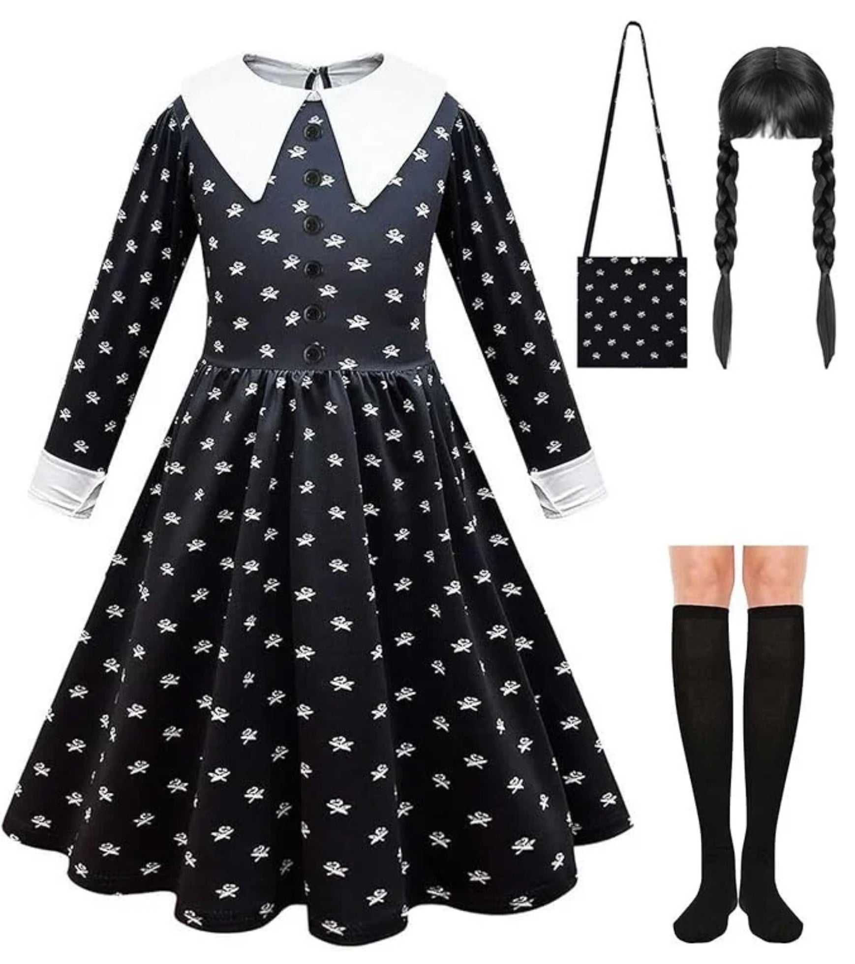 Rochie Wednesday pentru Fete, Set cu Peruca, Geanta si Sosete, EvrikaUnity®, Tesatura premium, 6-7 ani, 140 cm, Negru/Alb