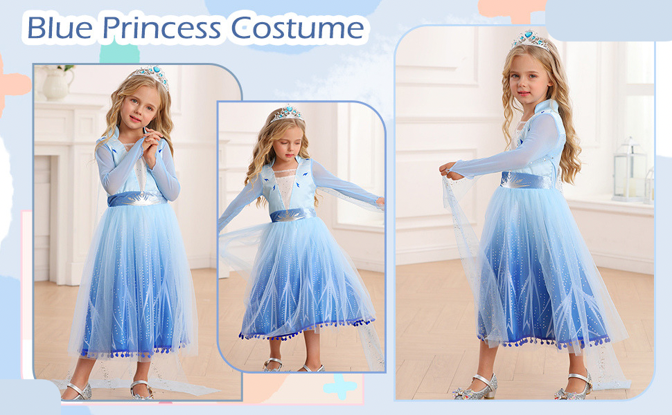 Rochie Elsa Frozen 2 pentru copii, EvrikaUnity®, Regina Ghetii, Tesatura Premium, 6-7 ani, 140 cm, Albastru Imperial