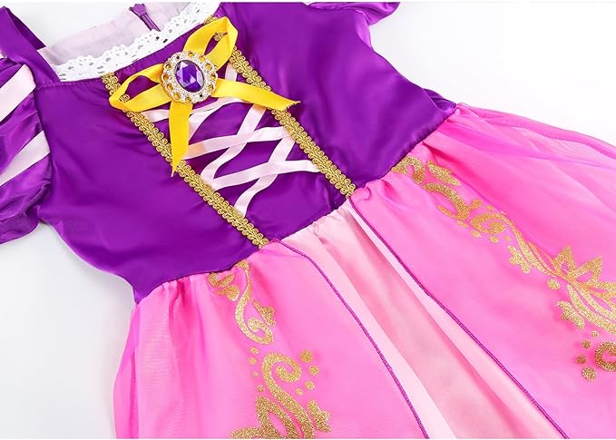 Rochie Printesa Rapunzel pentru copii, Set Bentita cu coada impletita, Coronita si Accesorii, EvrikaUnity®, Tesatura Premium, Roz/ Mov