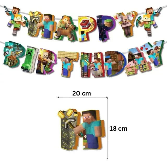 Set 20 baloane copii, Minecraft Aventura, EvrikaUnity®, Petrecere Aniversara, Latex, 1 Banner Happy Birthday, 15 Cupcake Topper, 1 Cake Topper, Multicolor