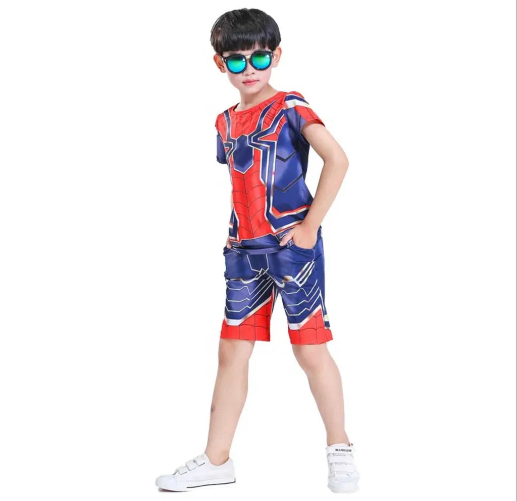 Costum Spiderman pentru Copii, Set Tricou si Pantaloni scurti, 120 cm, 4-5 ani, Rosu/ Albastru