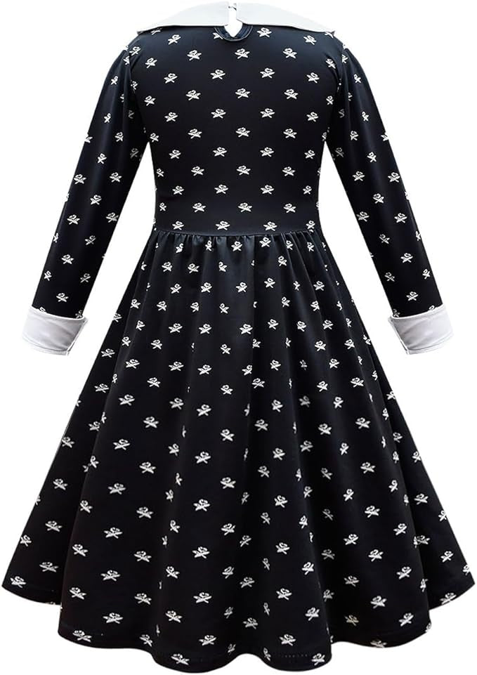 Rochie Wednesday pentru Fete, Set cu Peruca, Geanta si Sosete, EvrikaUnity®, Tesatura premium, 6-7 ani, 140 cm, Negru/Alb