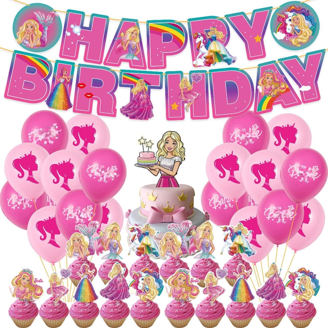Set 20 baloane copii, Barbie, Petrecere Aniversara, EvrikaUnity®, Latex, 1 Banner Happy Birthday, 16 Cupcake Topper, 1 Cake Topper, Roz/ Rosu