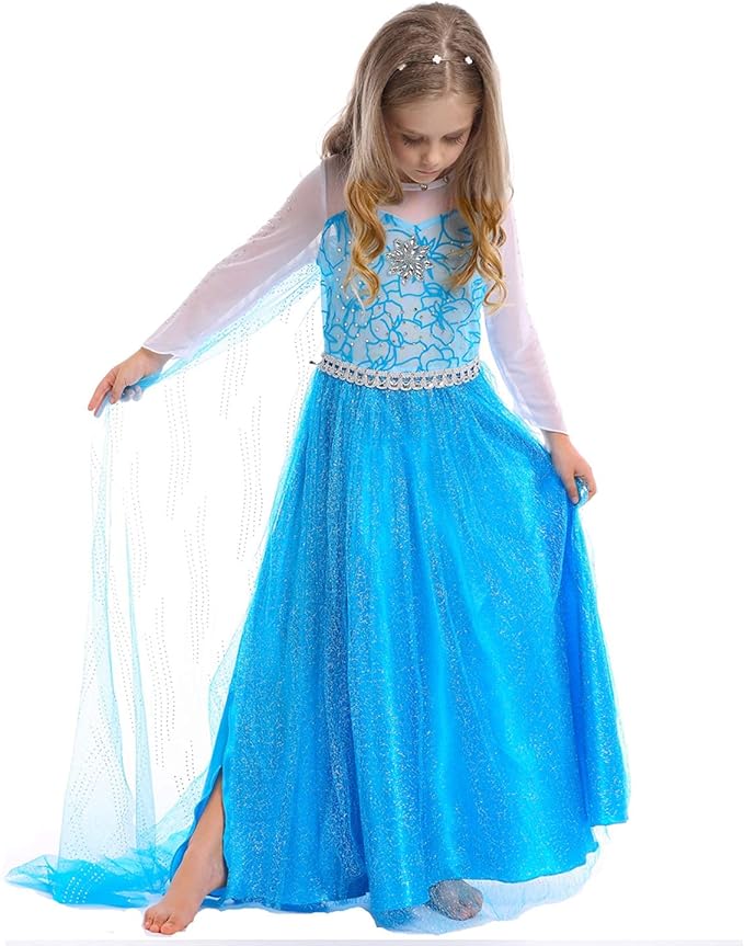 Rochita Elsa Frozen pentru copii, Set cu Coronita, Bijuterii si accesorii, EvrikaUnity®, Tesatura Premium, 6-7 ani, 140 cm, Albastru/ Turcoaz