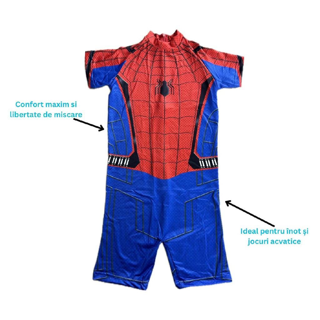 Costum de baie/inot intreg pentru copii, Spiderman, Supererou, Premium Nylon, 4-5 ani, 120 cm, Albastru/ Rosu