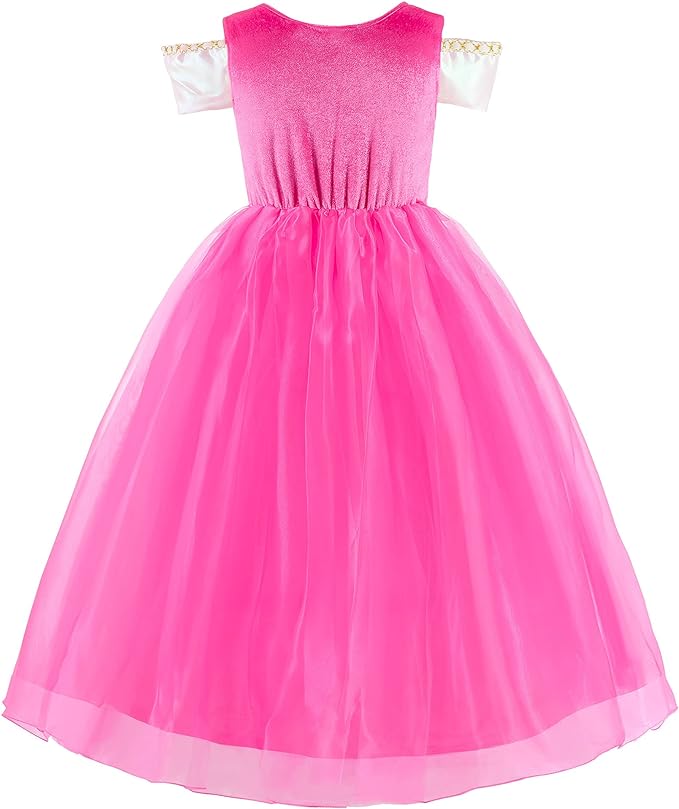 Rochita Printesa Aurora pentru copii, Set cu coronita si accesorii, EvrikaUnity®, Frumoasa din padurea adormita, Tesatura Premium, 6-7 ani, 140 cm, roz