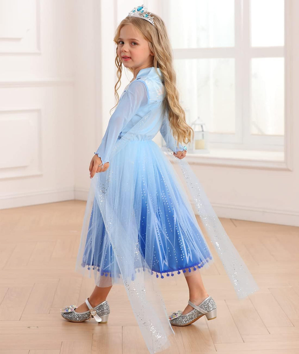 Rochie Elsa Frozen 2 pentru copii, Set cu coronita, peruca si accesorii, EvrikaUnity®, Regina Ghetii, Tesatura Premium, 3-4 ani, 110 cm, Albastru imperial