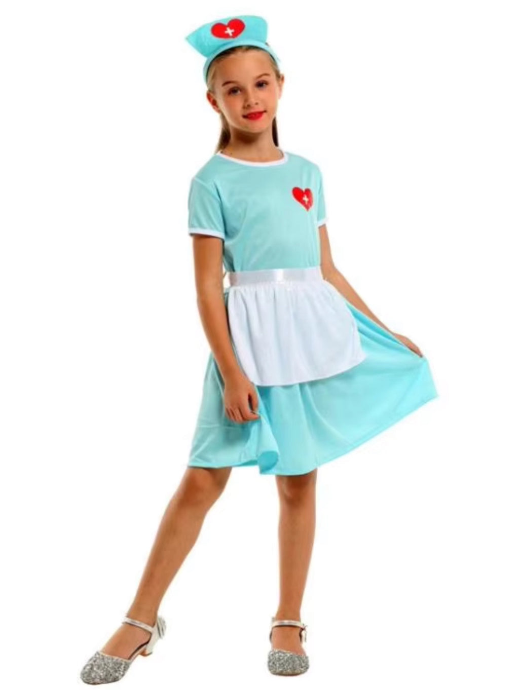 Costum de Asistenta Doctor pentru Copii, Set cu Bentita, EvrikaUnity®, Tesatura Premium, 130cm, 5-6 ani, Turcoaz