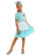 Costum de Asistenta Doctor pentru Copii, Set cu Bentita, EvrikaUnity®, Tesatura Premium, 130cm, 5-6 ani, Turcoaz