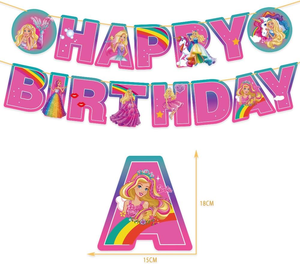 Set 20 baloane copii, Barbie, Petrecere Aniversara, EvrikaUnity®, Latex, 1 Banner Happy Birthday, 16 Cupcake Topper, 1 Cake Topper, Roz/ Rosu