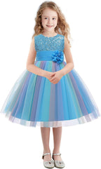 Rochita Curcubeu de Printesa pentru fete, Zi de zi, Petrecere, Tesatura Fina, 4-5 ani, 120 cm, Albastru