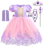 Rochie Printesa Rapunzel pentru fete, Set cu Coronita si Accesorii, EvrikaUnity®, Tesatura premium, 2-3 ani, 100 cm, Roz