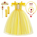 Rochie Printesa Belle pentru Copii, Set cu Coronita, Bijuterii si Accesorii, EvrikaUnity®, 3-4 ani, 110 cm, Galben