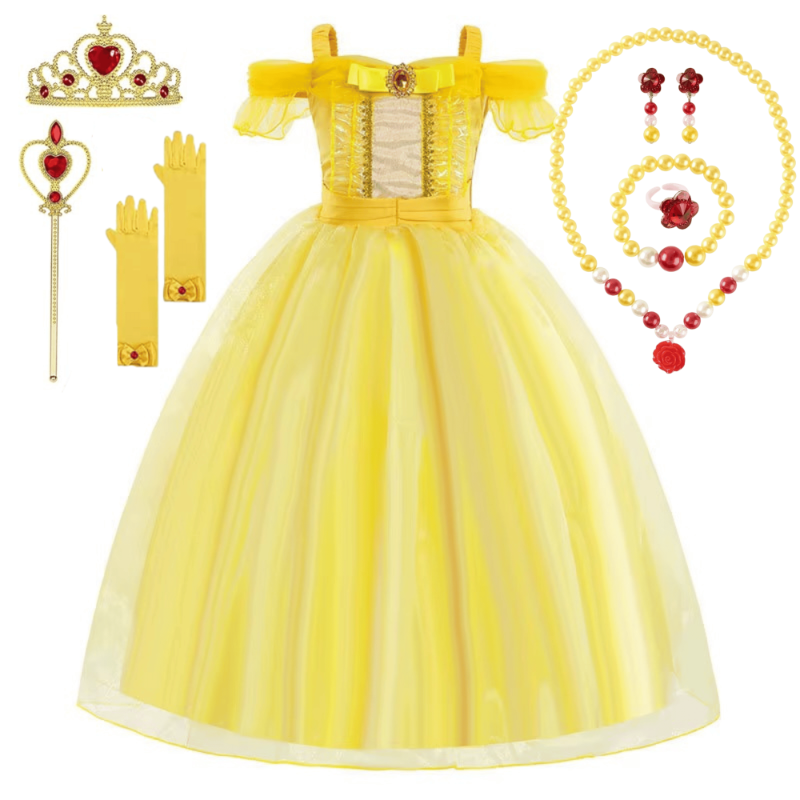 Rochie Printesa Belle pentru Copii, Set cu Coronita, Bijuterii si Accesorii, EvrikaUnity®, 3-4 ani, 110 cm, Galben