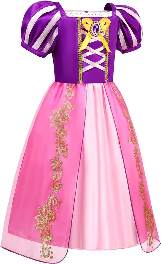 Rochie Printesa Rapunzel pentru copii, Set Bentita cu coada impletita, Coronita si Accesorii, EvrikaUnity®, Tesatura Premium, 5-6 ani, 130 cm, Roz/ Mov