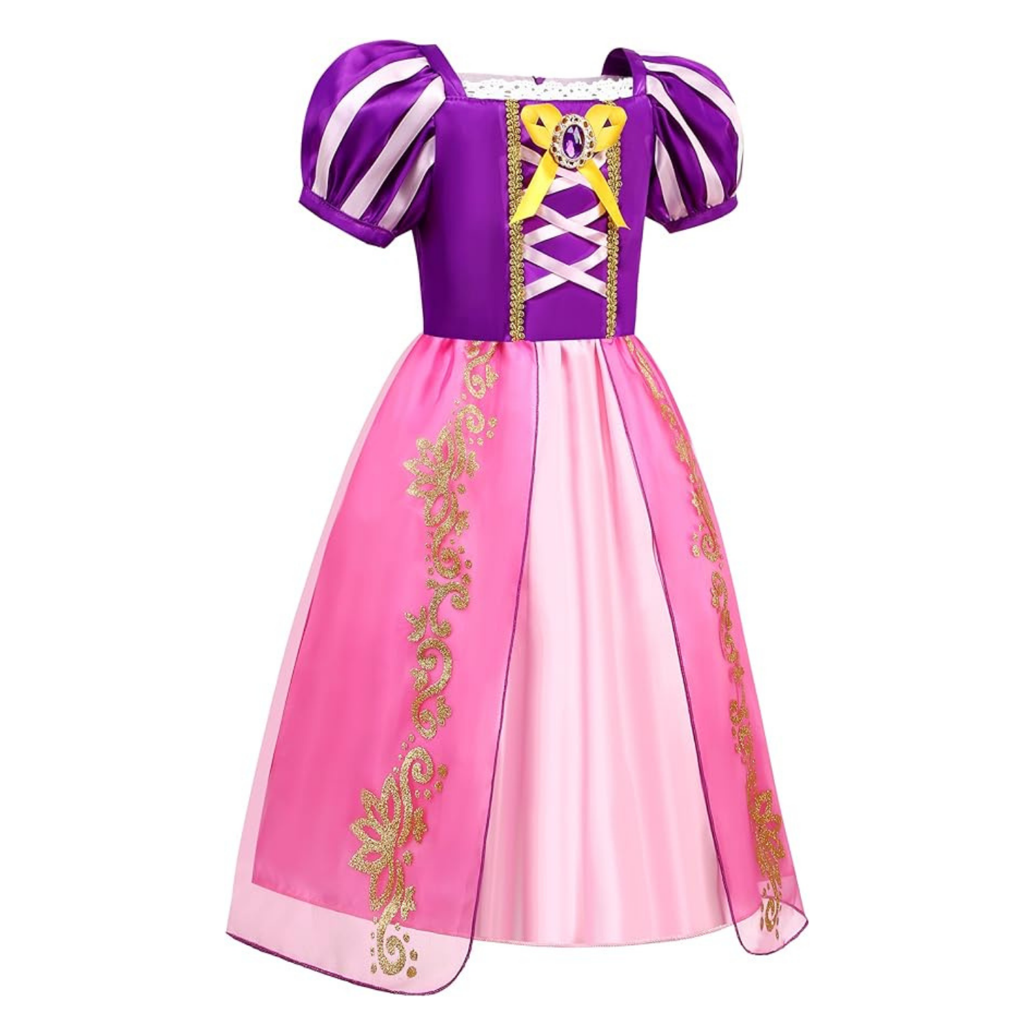 Rochie Printesa Rapunzel pentru copii, Set Bentita cu coada impletita, Coronita si Accesorii, EvrikaUnity®, Tesatura Premium, Roz/ Mov
