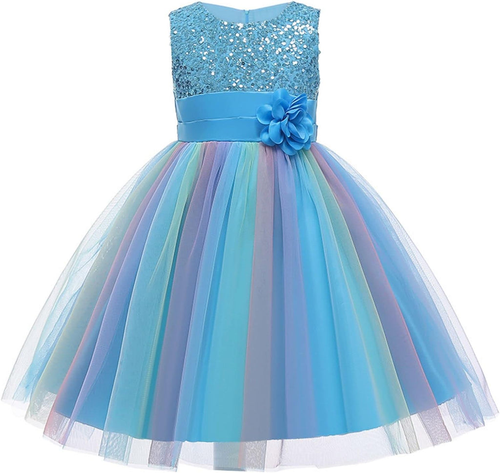 Rochita Curcubeu de Printesa pentru fete, Zi de zi, Petrecere, Tesatura Fina, 7-8 ani, 150 cm, Albastru