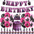 Set 18 baloane copii, Wednesday Addams, Petrecere Aniversara, EvrikaUnity®, Latex, 1 Banner Happy Birthday, 12 Cupcake Topper, 1 Cake Topper, Mov / Roz / Negru