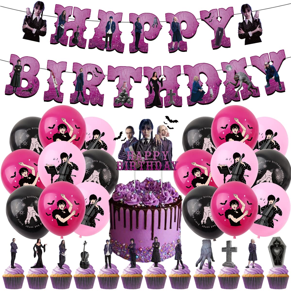 Set 18 baloane copii, Wednesday Addams, Petrecere Aniversara, EvrikaUnity®, Latex, 1 Banner Happy Birthday, 12 Cupcake Topper, 1 Cake Topper, Mov / Roz / Negru