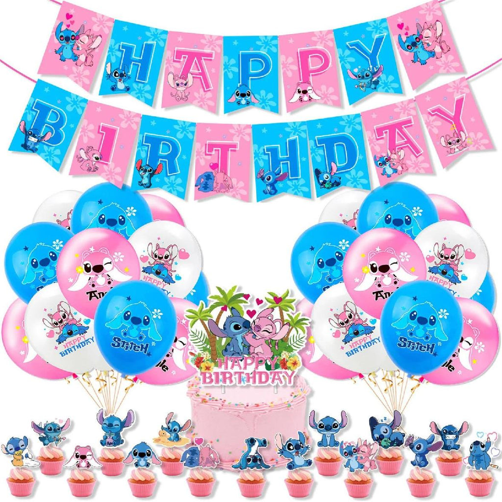 Set 18 baloane copii, Lilo si Stitch, Petrecere Aniversara, Latex, 1 Banner Happy Birthday, 15 Cupcake Topper, 1 Cake Topper, Alb/ Albastru/ Roz