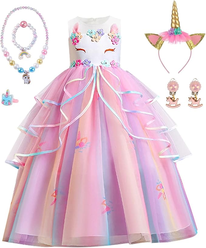 Rochie Unicorn pentru Copii, Set cu Bentita, Bijuterii si Accesorii, EvrikaUnity®, 3-4 ani, 110 cm, Multicolor