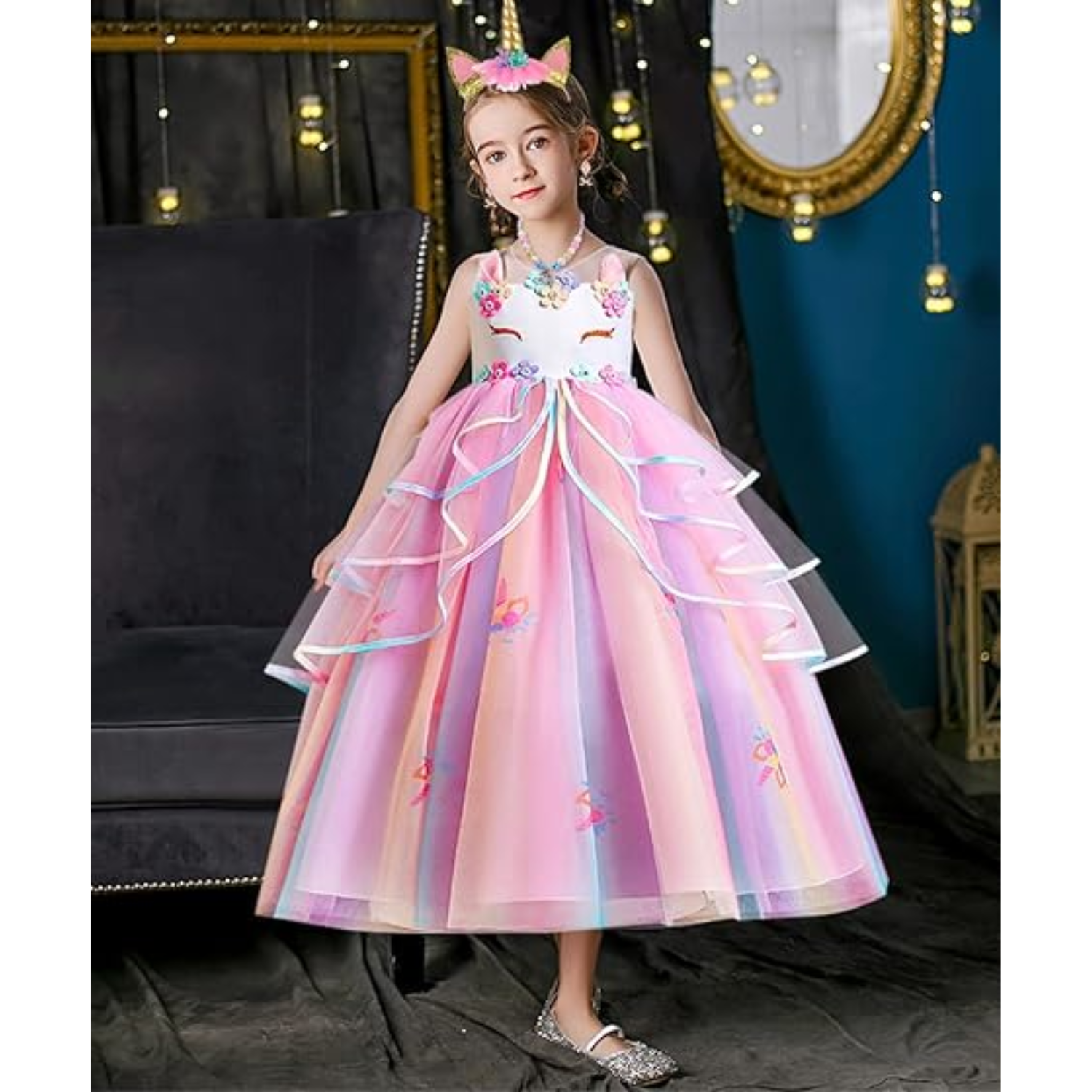 Rochie Unicorn pentru Copii, Set cu Bentita, Bijuterii si Accesorii, EvrikaUnity®, 3-4 ani, 110 cm, Multicolor