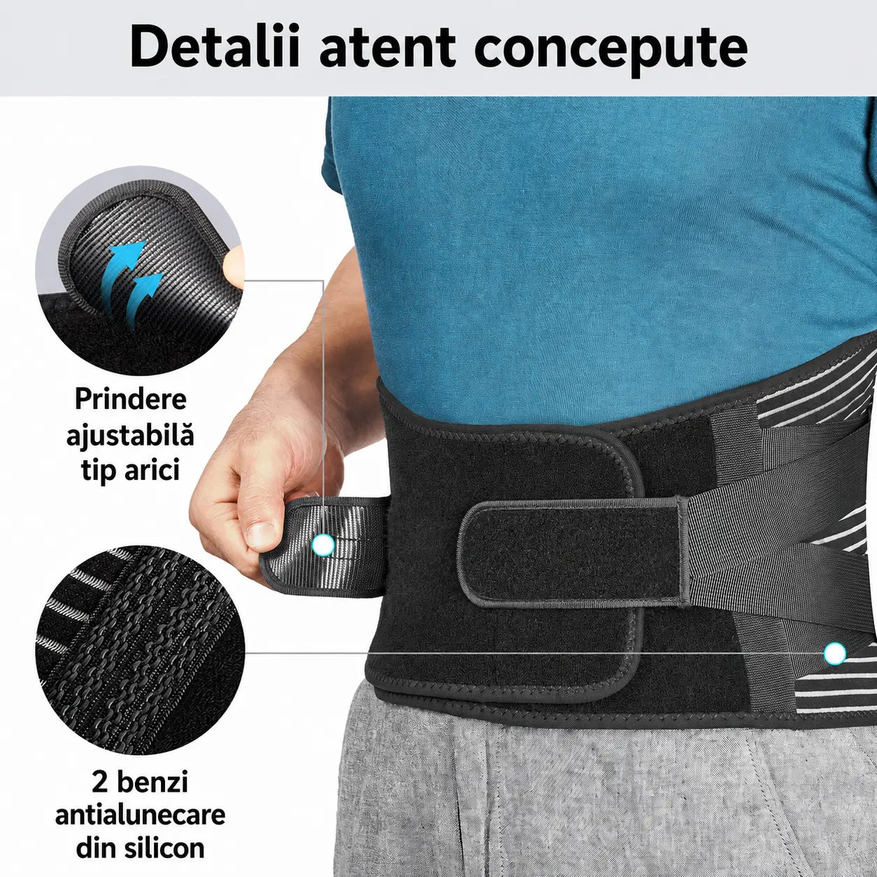 Centură lombară cu prindere ajustabilă și benzi antialunecare din silicon