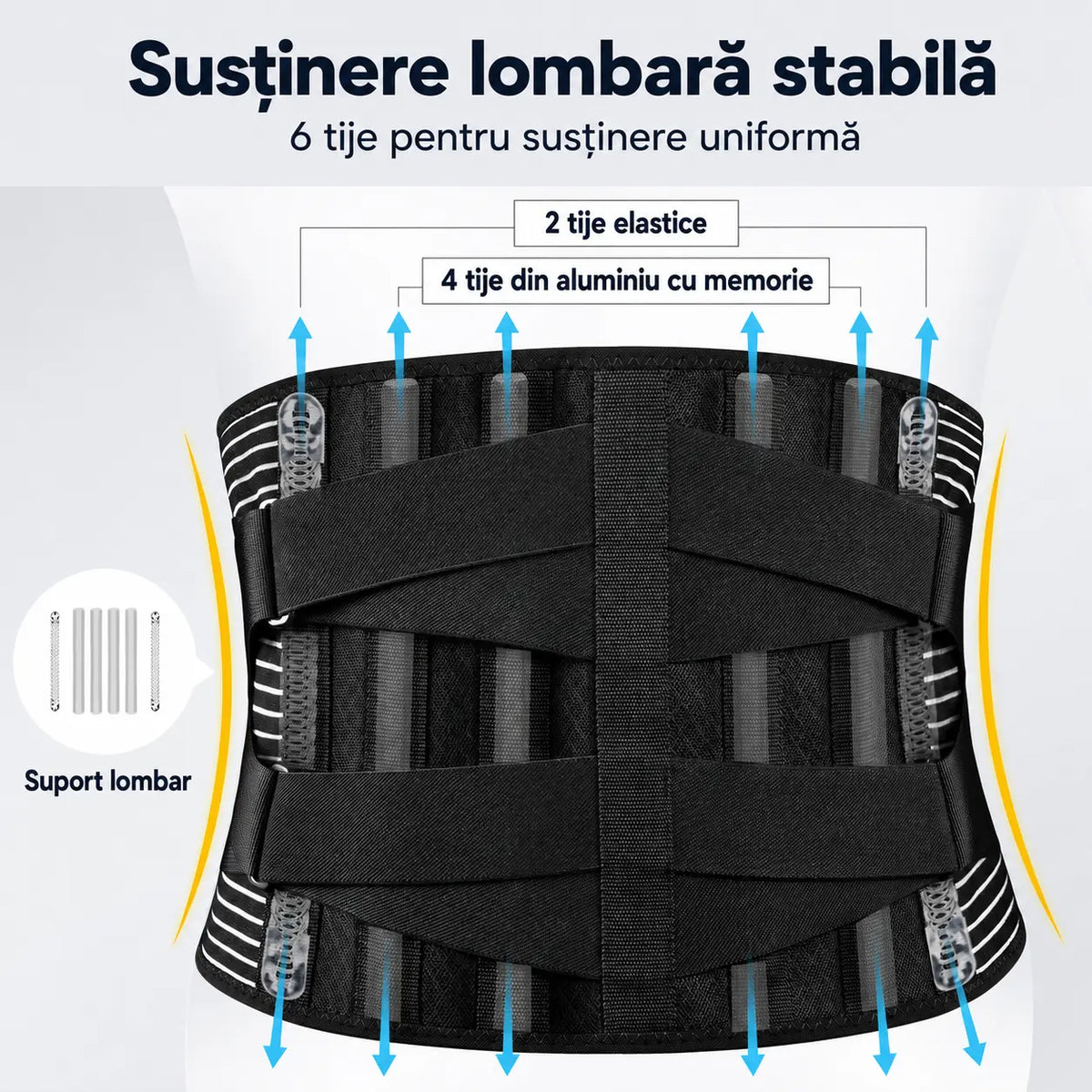 Centură lombară neagră cu șase tije de susținere