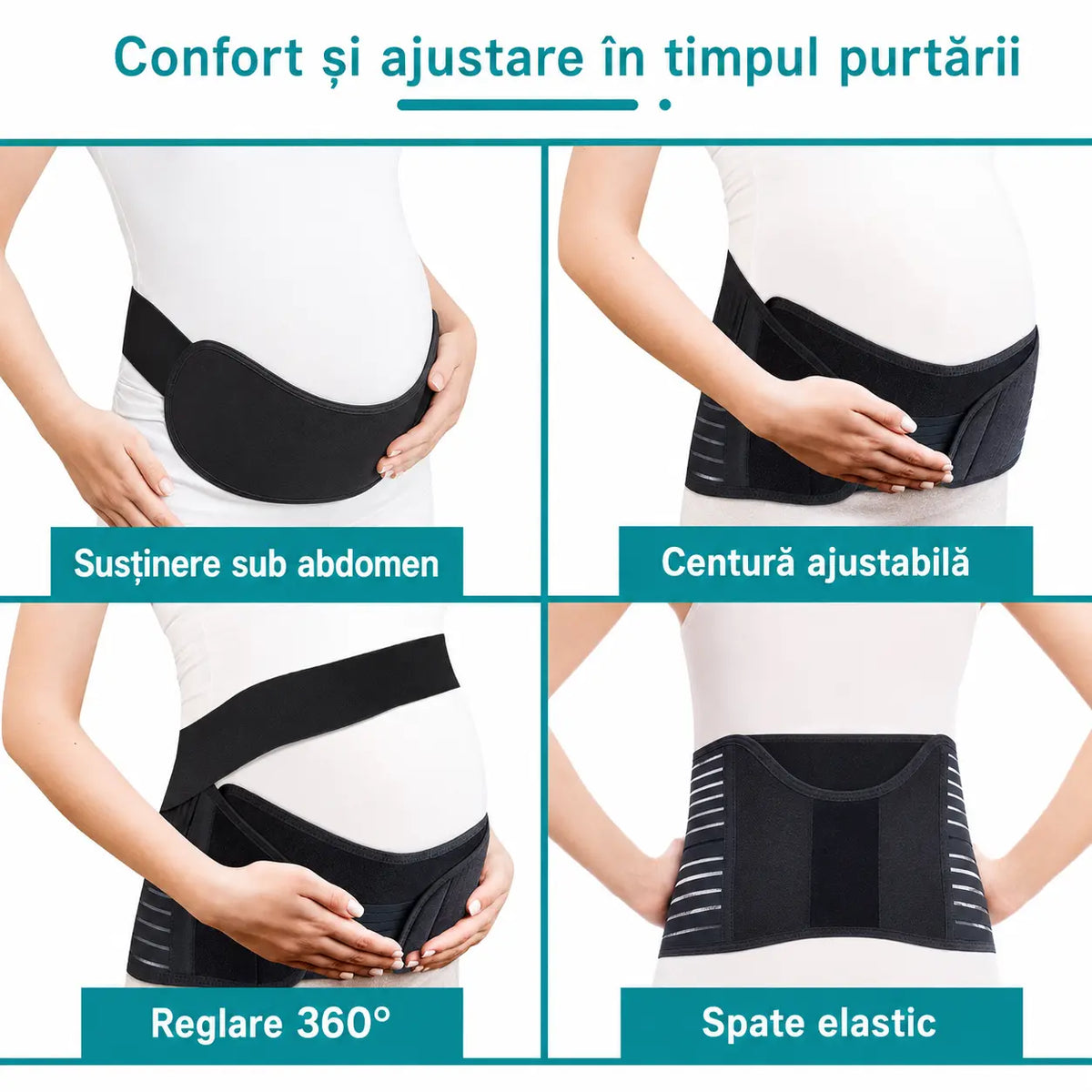 Centură maternală neagră cu reglare 360° și susținere sub abdomen