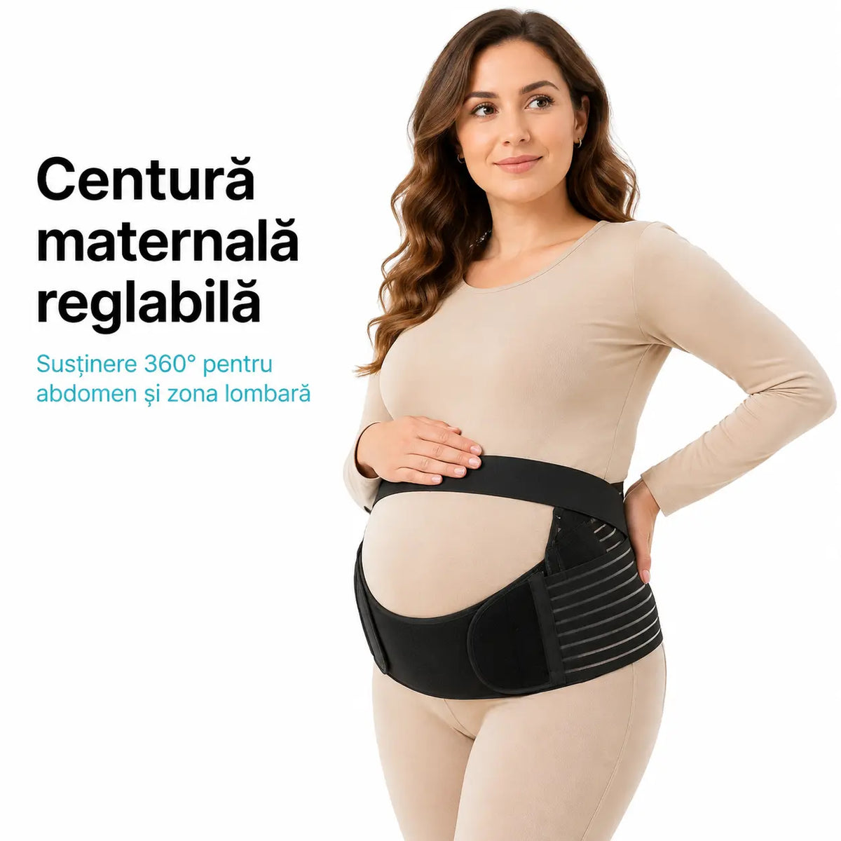 Femeie însărcinată purtând centură maternală neagră reglabilă