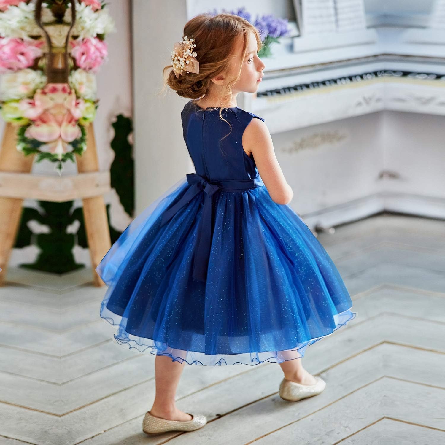 Rochita cu Trandafiri si Funda de Printesa pentru fete, ZI de zi, Petrecere, Tesatura fina, 7-8 ani, 150 cm, Bleumarin