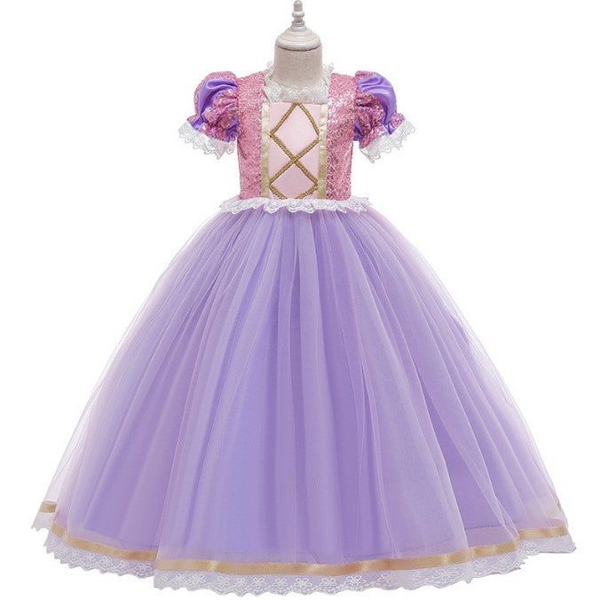 Rochie Printesa Rapunzel pentru Copii, Set cu Coronita si Accesorii, EvrikaUnity®, Tesatura premium, 6-7 ani, 140 cm, Roz / Mov Royal